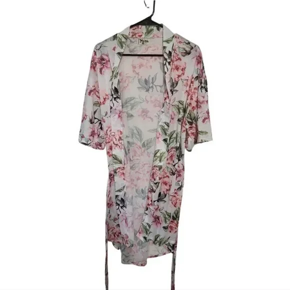 #32 Show Me Your Mumu Pink Floral Short Open Front Robe w/Belt, S - Picture 3 of 6